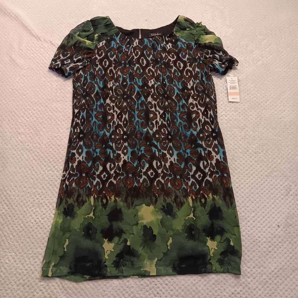 S.L. Fashions Sheath Multicolor Abstract Watercolor Lined ‎ Sheath Dress Size 10